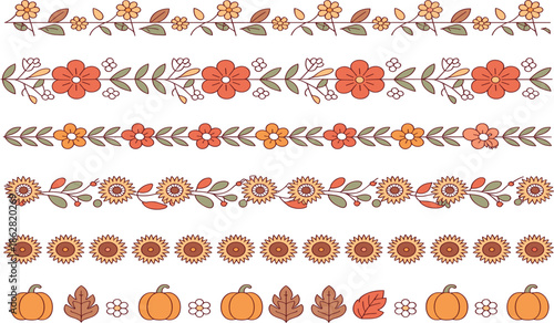 Set of vector floral borders and autumn dividers with sunflowers pumpkins and fall leaves