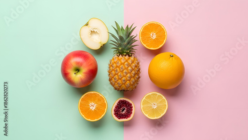 Colorful Tropical Fruits on Pastel Background – Fresh Citrus and Exotic Fruit Flat Lay