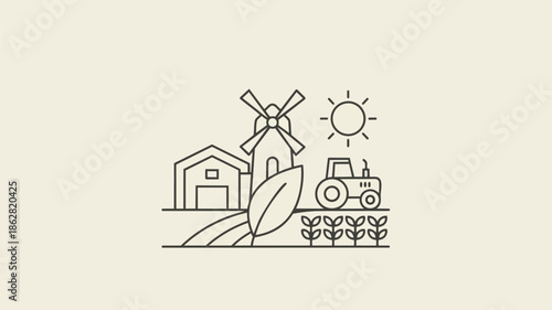 minimalist line art of a farm scene. It includes a barn, windmill, sun, tractor, plants, and crops.