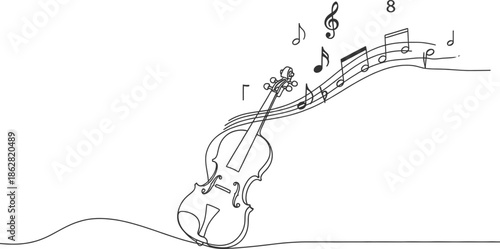 Continuous line art drawing of a classical violin with flowing musical notes, symbolizing the harmony and expressive melody of music and artistic performance