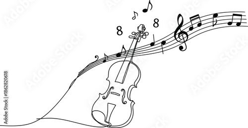An elegant line art drawing of a violin surrounded by flowing musical notes, evoking the harmonious essence of melody and artistic expression
