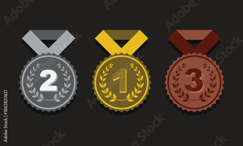 Podium Medal Set – Gold First Silver Second Bronze Third with Laurel Ribbons on Black