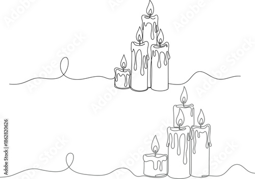 Minimalist continuous line art illustration of multiple burning candles with melting wax, evoking a sense of warmth, peace, and tranquil glow, ideal for serene or contemplative designs