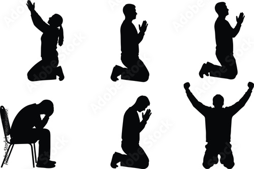 People silhouettes praying kneeling worship faith devotion meditation hope gratitude spirituality religious poses black vector illustration isolated white background set