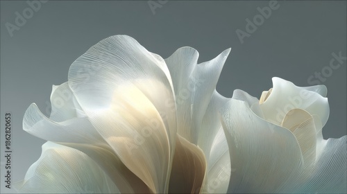 Ethereal silken fabric elegantly draped and manipulated into flowing curves and delicate textures