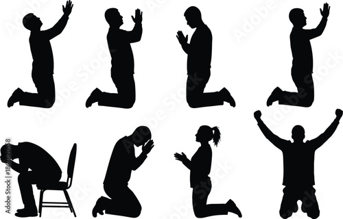 People silhouettes kneeling praying worship faith meditation gratitude spirituality religious devotion hope black vector illustration isolated white background set collection
