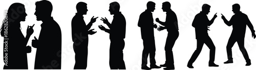 People silhouettes arguing discussion conflict communication debate disagreement conversation gestures social interaction black vector illustration isolated white background set