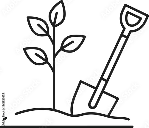 simple line icon, depicting a sapling next to a shovel. The image may be related to gardening, planting, or environmental conservation.