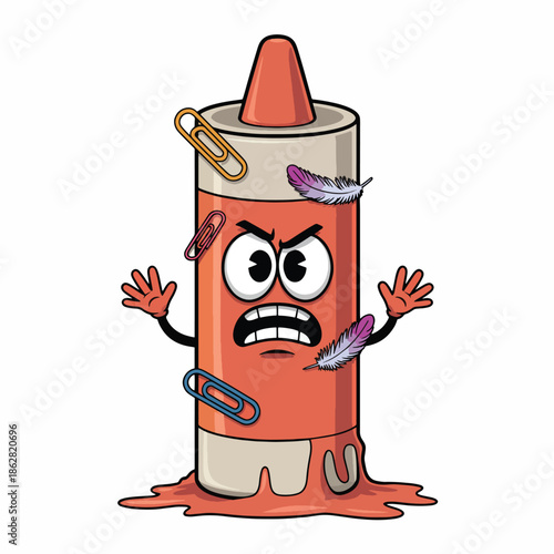 A cartoon traffic cone with a distressed expression and paper clips stuck to it, appearing surreal and anxious on a white background.