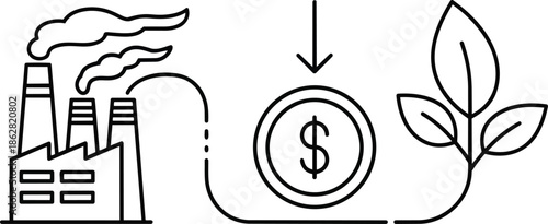 A line art icon depicts an industrial factory offsetting its carbon footprint by investing money into environmental sustainability and reforestation projects