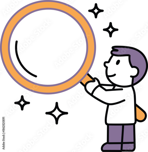Man holding a large magnifying glass looking for information or data analysis concept