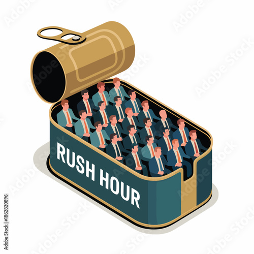 Illustration of a surreal tin can labeled 'RUSH HOUR' filled with numerous businessmen in suits standing up, with a gold-colored lid open on a plain white background.