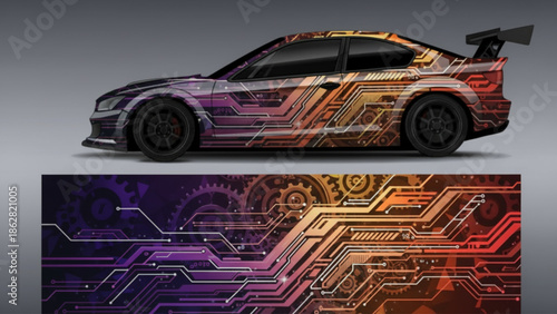 Sports car with a vibrant circuit board and gear pattern wrap, displayed alongside the full design strip.