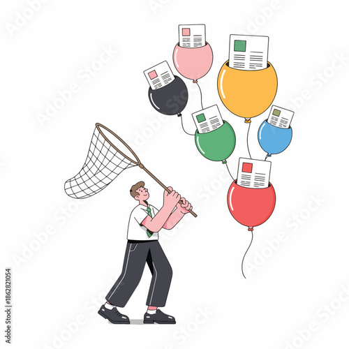A man in a white shirt and black pants uses a net to catch colorful balloons with newspaper clippings attached, on a white background with a surreal mood.