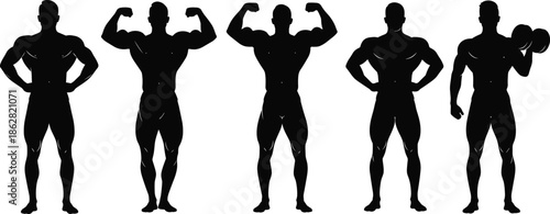 Male bodybuilder silhouettes displaying muscular poses strength fitness gym workout training weightlifting athletes black vector illustration isolated white background set