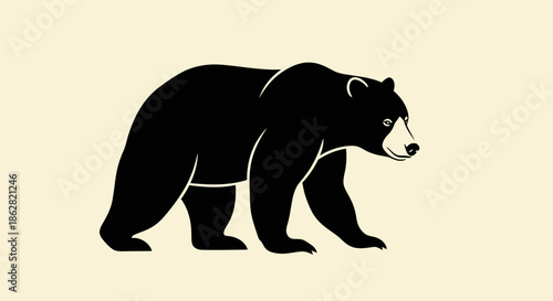 Stylized black bear illustration in profile, isolated on a beige background art design