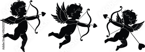 Cupid cherub silhouettes flying with bow and heart arrows symbolizing love romance valentine celebration mythology black vector illustration