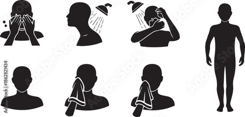 Essential personal hygiene steps: washing face, showering, and drying with a towel