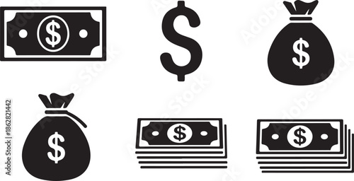 Collection of simple money icons featuring dollar bills, currency symbols, and money bags