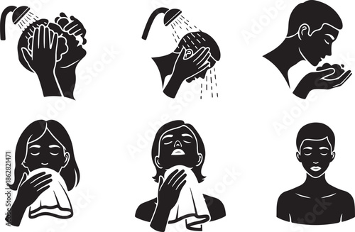 Essential steps for daily face and hair washing hygiene routine in a minimalist icon set
