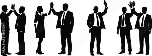Business people silhouettes giving high five gesture teamwork success partnership agreement celebration corporate collaboration leadership isolated black vector illustration