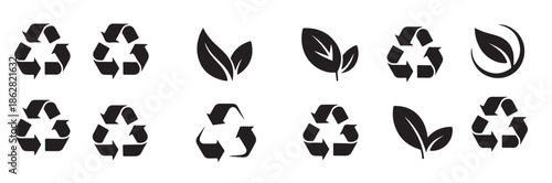 black and white traced recycling symbols and leaf icons set 