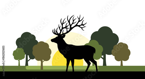 Silhouette of a majestic deer with impressive antlers in a serene forest scene at sunrise or sunset