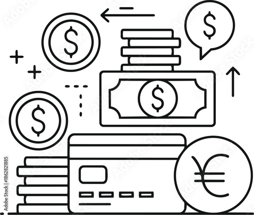 Illustration of finance and money icons. Includes coins, currency, cards, and symbols representing value, such as dollar, euro, and yen