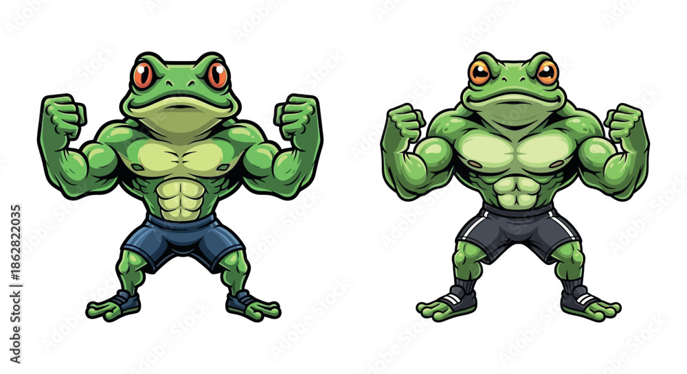 Fototapeta premium Two muscular cartoon frogs showing off their strength with flexed arms in a playful pose.