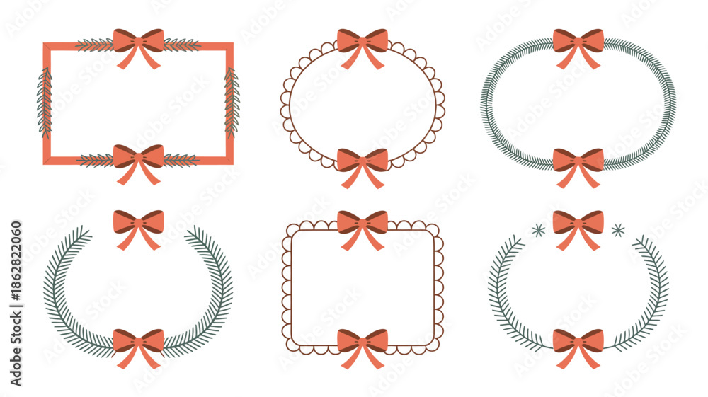 Fototapeta premium Festive Holiday Wreath Frames with Red Ribbons