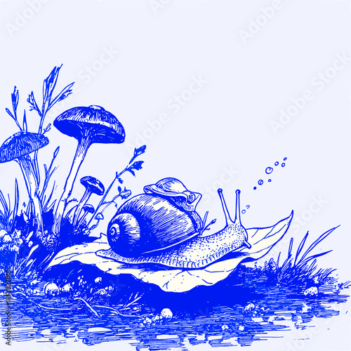Whimsical Blue Snail with Gnome in a Fantasy Garden