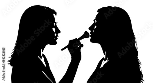Silhouette of woman applying makeup on another woman with beauty brush illustration