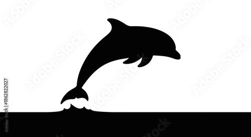Striking Dolphin Silhouette Leaping from Water against Clean White Background Design