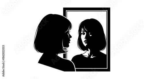 Monochrome depiction of a woman looking at her reflection in a mirror minimalist style