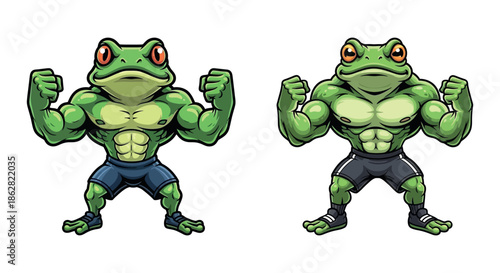 Two muscular cartoon frogs showing off their strength with flexed arms in a playful pose.