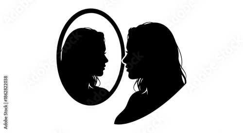 Silhouette of a woman gazing at her reflection in a mirror evoking introspection and self