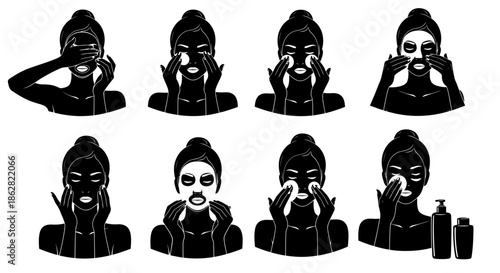 Black and white illustration of a woman performing skincare routine steps in sequence