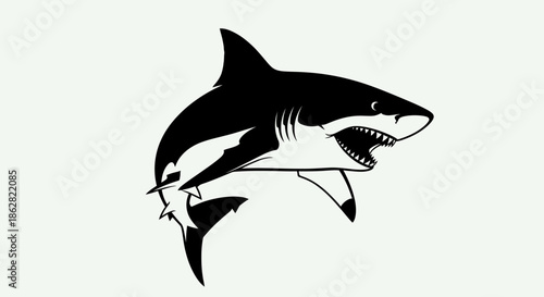 Striking monochrome illustration of a great white shark with open mouth and sharp teeth swimming