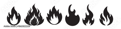  fire icon collection in black silhouette style for graphic