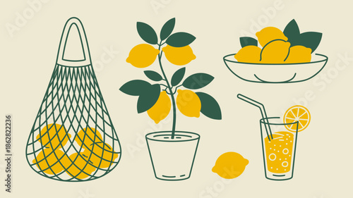 Fresh Lemons in Basket, Plant, Bowl, and Lemonade Illustration