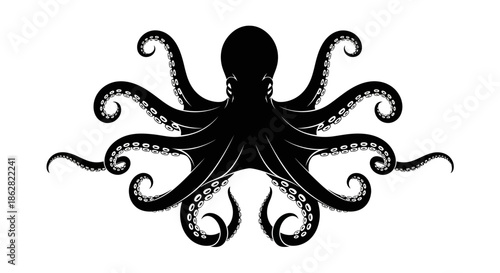 A stylized black octopus with curling tentacles, a captivating sea creature illustration with