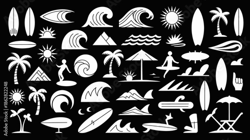 Beach and Surf Icon Set with Waves, Sun, and Palm Trees