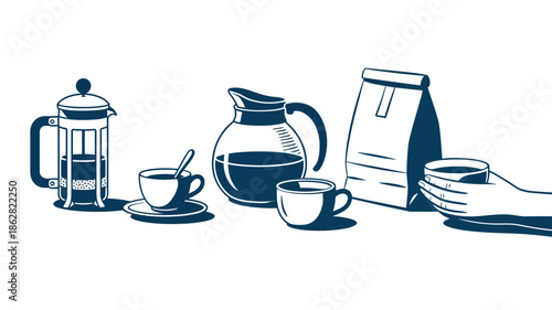 Coffee Brewing Set, French Press, Coffee Pot, and Mugs