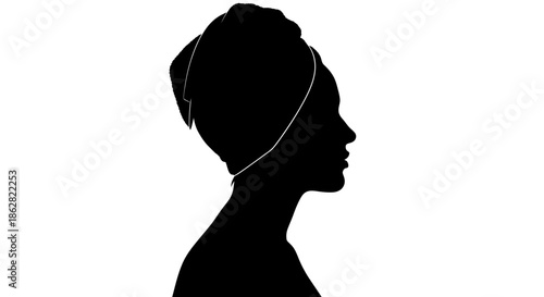 Elegant silhouette of a woman with a towel on her head against white background