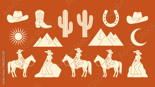 Western Theme Icons: Cowboys, Cacti, and Desert Landscapes