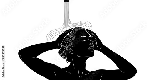 Monochrome silhouette of a woman washing her hair under the shower stream art illustration
