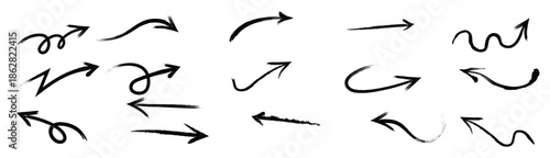 Hand drawn arrow set. Charcoal arrows, freehand, different, curved, swirls arrow, black chalk smears, check mark collection. Bold brush stroke with scratches. Transparent png, and vector illustration
