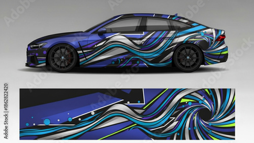 Blue car with a dynamic abstract graphic design wrap featuring swirling waves and vibrant colors.
