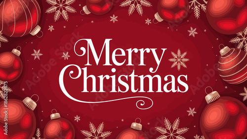 Festive Merry Christmas Greeting Card with Red Ornaments and Snowflakes