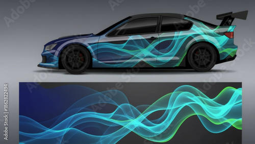 Custom car wrap design with abstract blue and green flowing wave patterns on a dark vehicle.